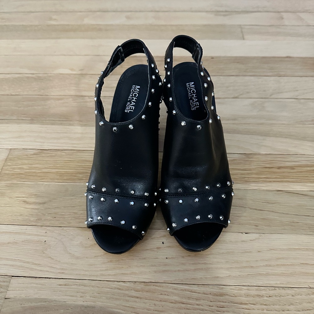 MICHAEL Michael Kors Black Studded Women's Block Heel Peep Toe Sandals